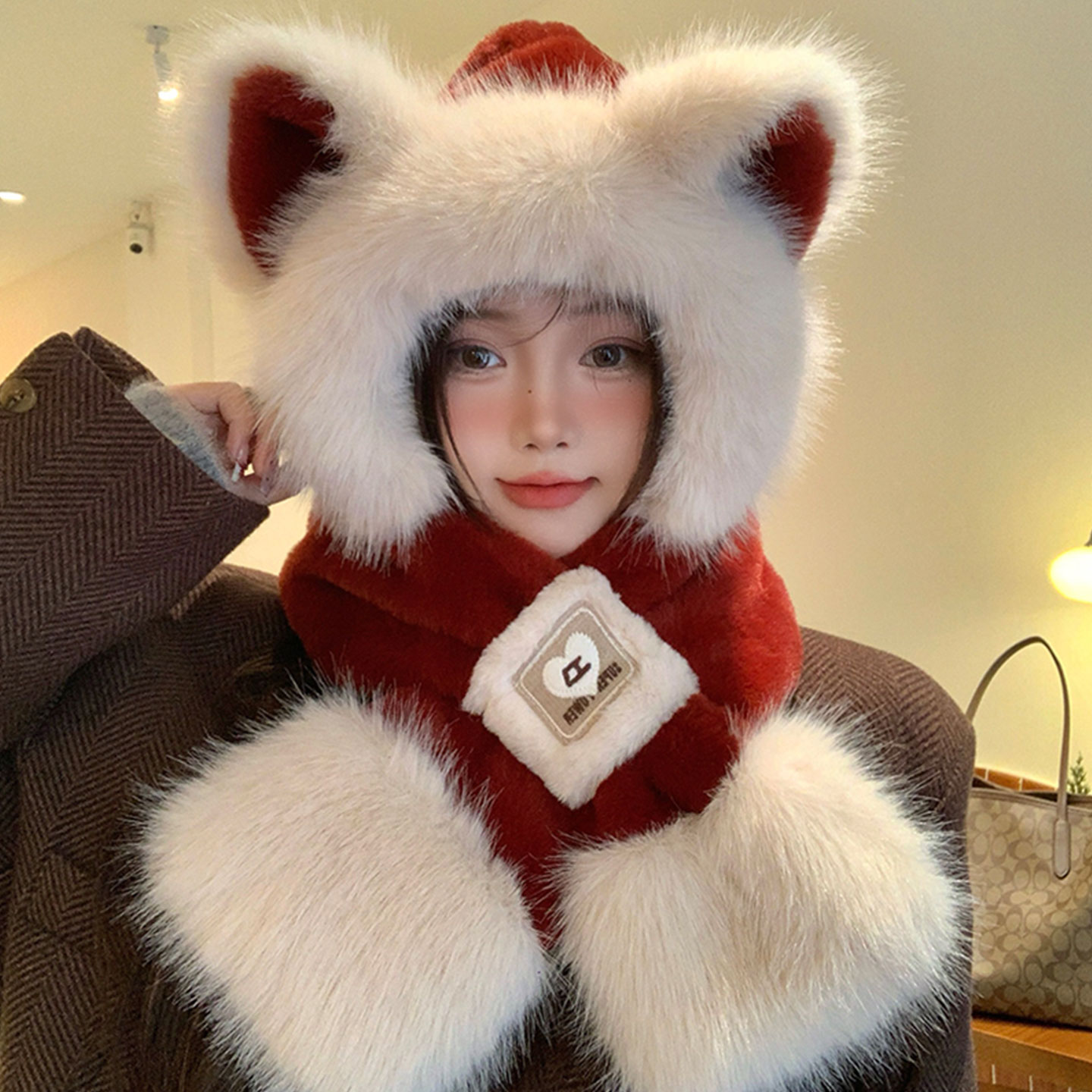 可爱狐狸耳朵毛绒帽子围巾一体帽