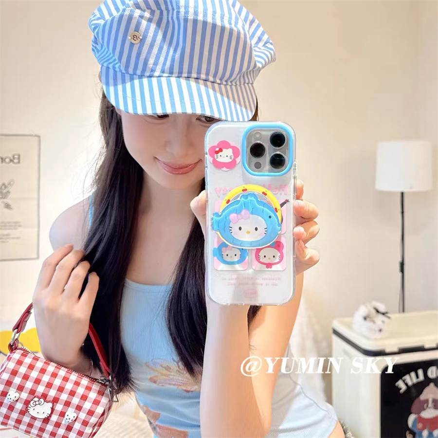 趣味蓝鱼KT猫磁吸支架适用OPPOreno9手机壳10pro软a58/a93/6女72k12x防摔findx7pro/x6/A2pro个性k9创意A1a55