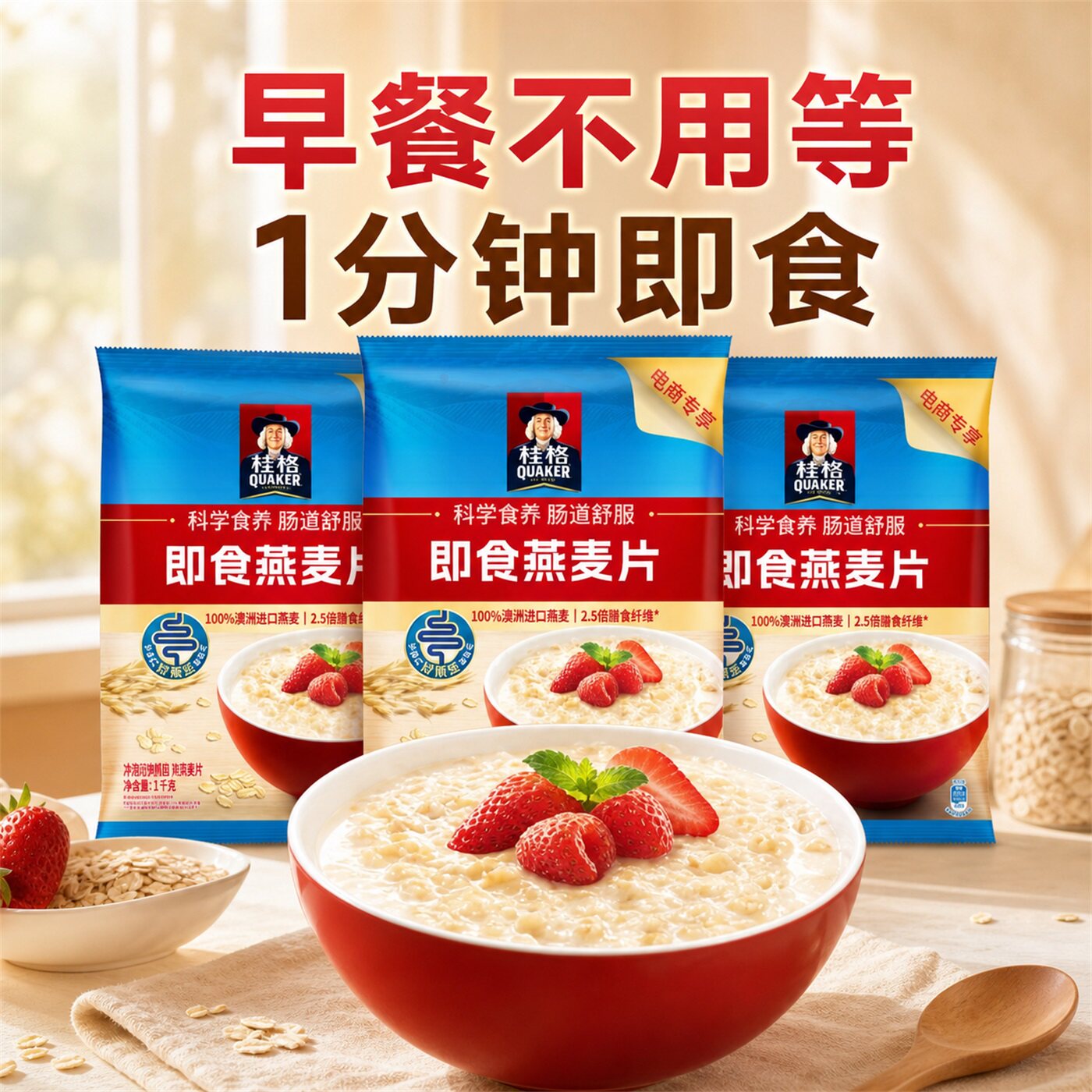 桂格即食燕麦片1000克全谷物原味高钙维生素营养早餐