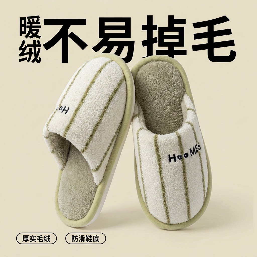 条纹棉拖鞋女款2026新款秋冬季家居室内软底防滑加绒保暖地板拖女