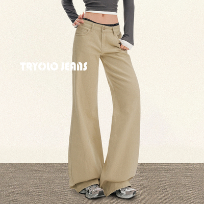 TRYOLO【巴黎诗集】卡其色不贴腿微喇牛仔裤女复古百搭显瘦微喇裤