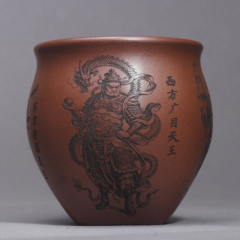 紫云堂 宜兴紫砂杯刻绘四大天王主人杯紫砂雕刻四大天王茶杯