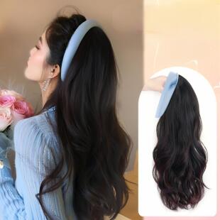 跨境热销假发女长发假浅蓝色发箍假发一体长卷发可拆卸半头套