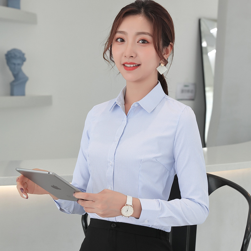 职业衬衫女长袖工作服夏银行工装2024新款薄修身上衣蓝色条纹