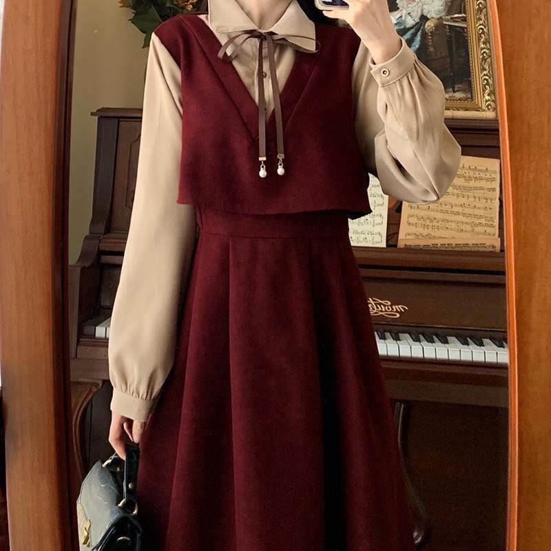 大码胖mm套装裙遮肉高腰拼接假两件连衣裙女秋韩系学院风减龄长裙