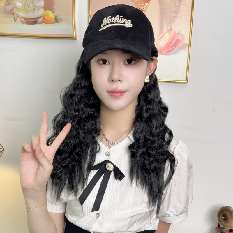 厂家货源假发女化纤长发玉米烫鸭舌帽子一体式长卷发羊毛卷全头套
