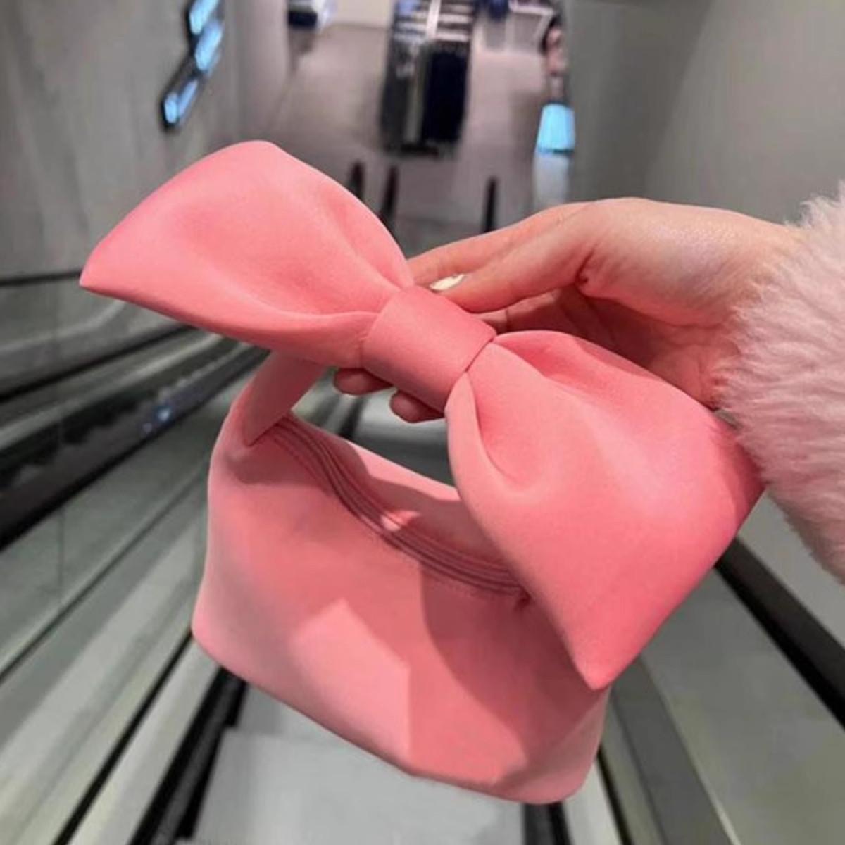 2025新款韩国粉红太空棉高颜值超大蝴蝶结单肩包手提包迷你手腕包