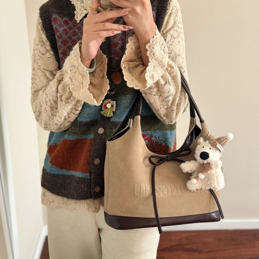 韩系复古麂皮绒托特包包女
