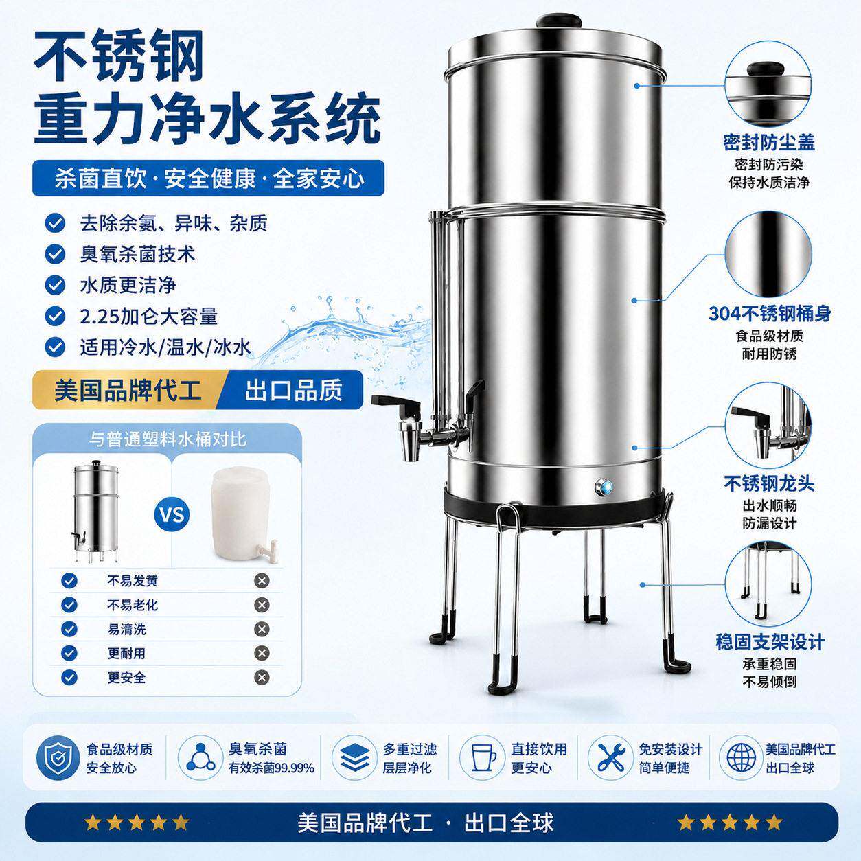 304不锈钢家用净水器桌面台式饮水过滤器大容量净水桶直饮净水