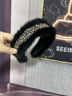 黑色镶钻水貂毛发箍复古水晶流苏头箍高颅顶宽边带齿发卡 秋冬新品