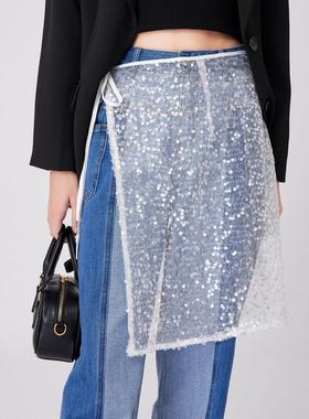 韩国花边蕾丝半身裙女碎花叠穿罩裙下摆遮臀屁帘网纱亮片围裙子潮