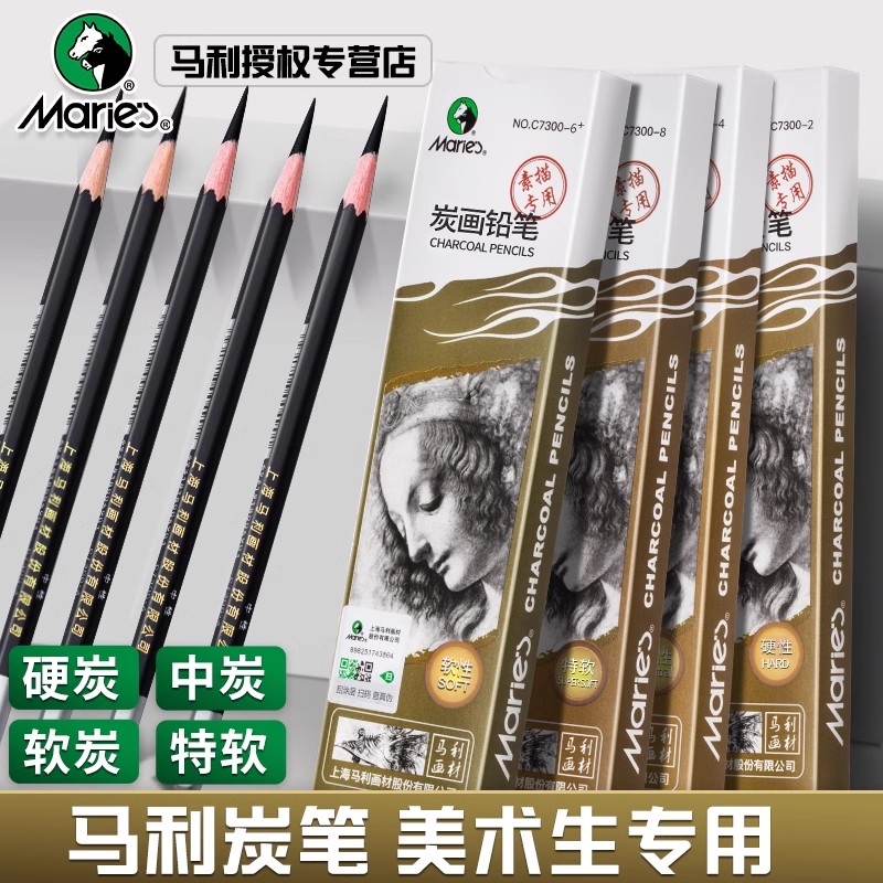 马利炭笔美术生专用素描专用炭画铅笔软中硬特软12B14B哑光软碳笔