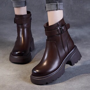 真皮厚底马丁靴女秋冬新款小个子短靴高跟侧拉链头层牛皮带扣短靴