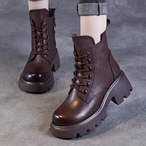 真皮马丁靴女2025秋冬新款短靴全牛皮小个子粗高跟轻便厚底短靴子