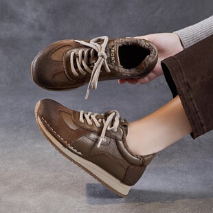 真皮德训运动鞋女2025冬季新款头层牛皮软底休闲老爹鞋厚加绒棉鞋