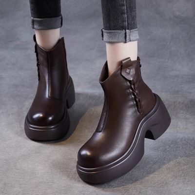 真皮厚底马丁靴女2025秋冬复古松糕加绒头层牛皮短靴小个子增高鞋