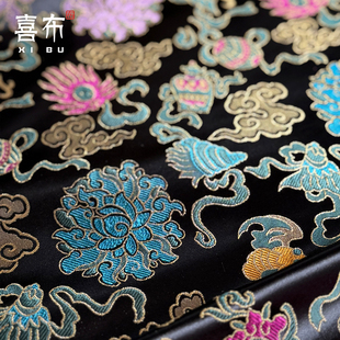 黑底牡丹花织金云锦缎提花布料新中式国风马甲旗袍汉服装锦盒面料