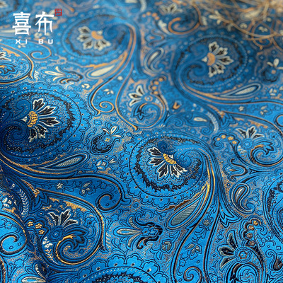 宝蓝大欧花琵琶织锦缎提花布料