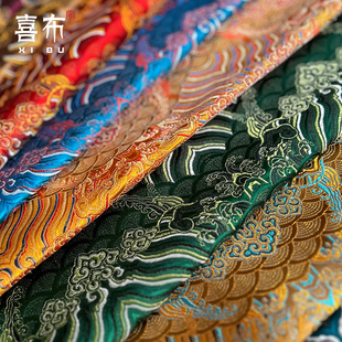 红色织锦缎新中式汉服刺绣包包装饰海浪花中国风提花布料