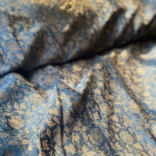 清复古蓝仿古唐宋小纹枝莲提花布料亲肤垂感古装宋装抹胸汉服面料