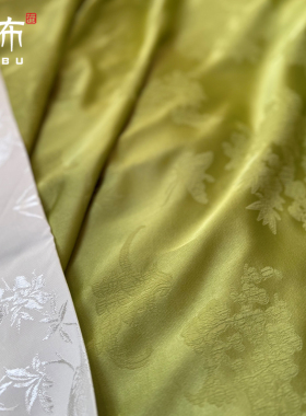 浅绿色牡丹棉质感提花面料布料亲肤手工DIY服装制作绿色丝绸质感