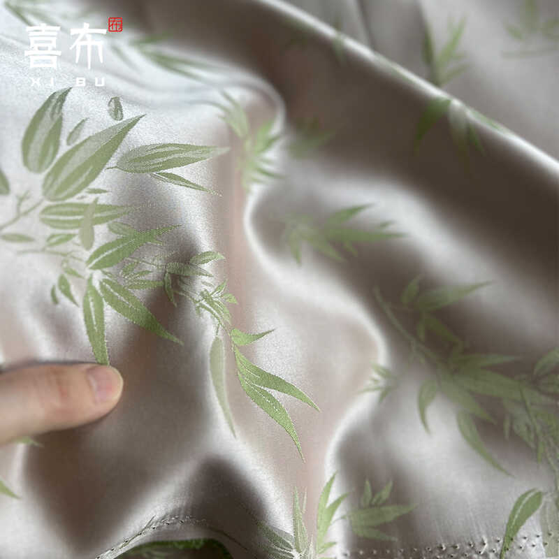 竹叶浅粉绿竹叶棉织锦提花面料