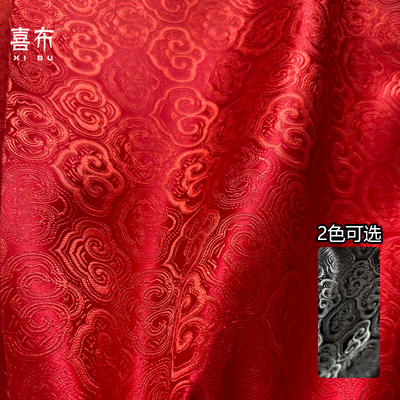 红黑如意祥云纹织锦缎仿宋锦布料