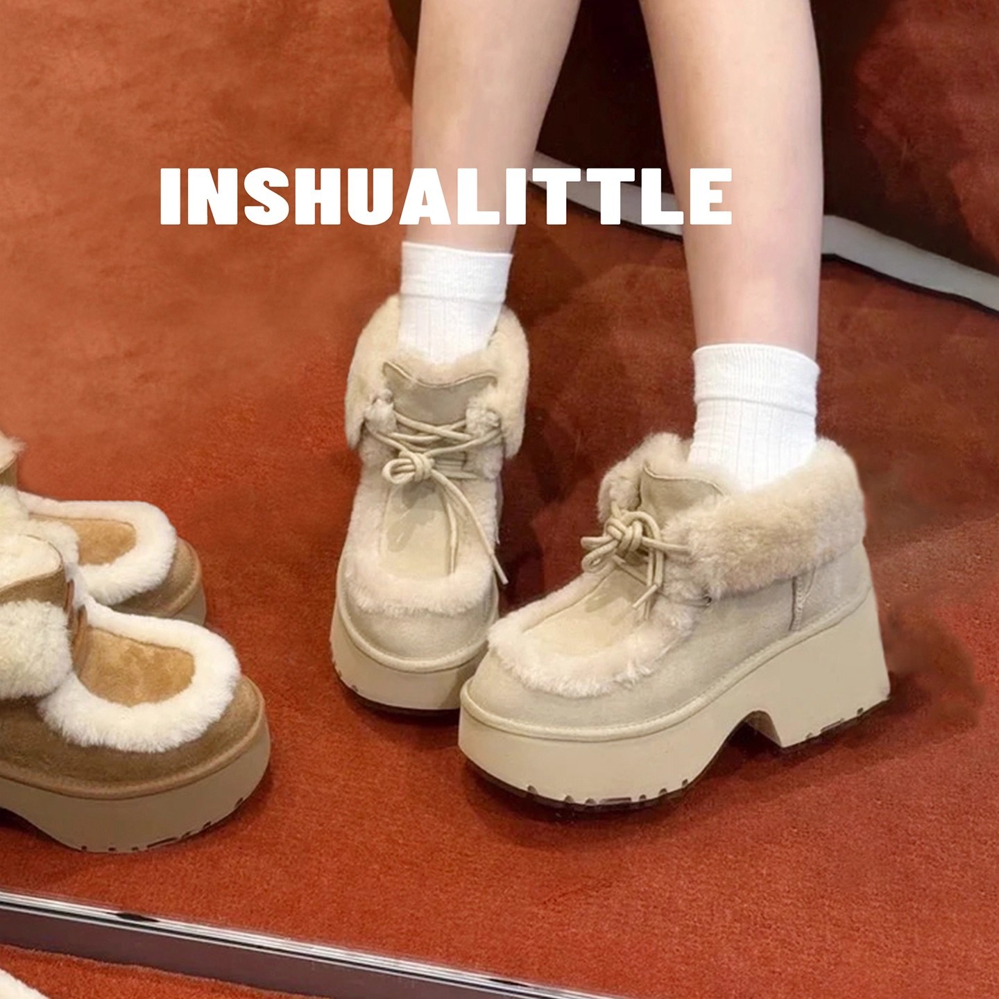 厚底拼色系带雪地靴女士