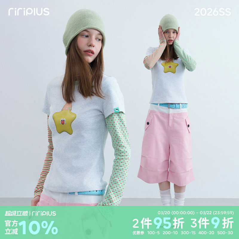 riverstone plus 假两件星星印花圆领长袖T恤女波点条纹打底衫