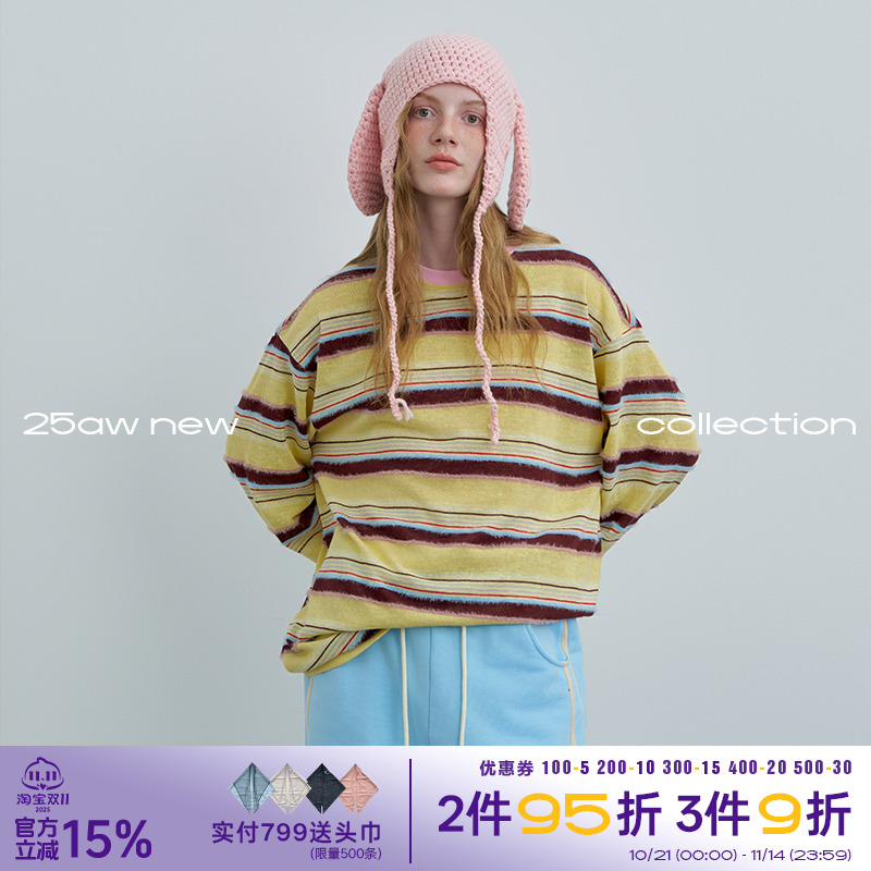 riverstone plus 撞色条纹长袖T恤女秋季宽松圆领打底针织衫上衣