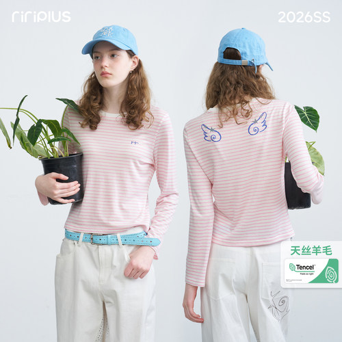 riverstone plus 天丝羊毛圆领翅膀印花长袖T恤女修身百搭打底衫