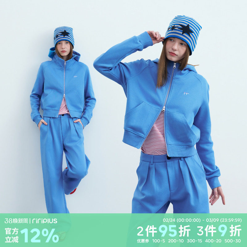 riverstone plus 纯色连帽卫衣外套女春季显瘦宽松压摺休闲裤套装