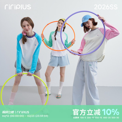 riverstone plus 圆领拼接休闲长袖T恤女刺绣撞色插肩明线打底衫