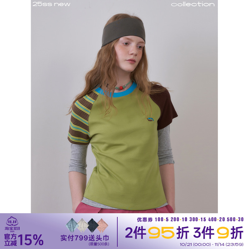 修身显瘦圆领t恤女拼接撞色正肩T