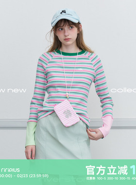 riverstone plus修身百搭彩色条纹长袖T恤女春季圆领撞色针织上衣
