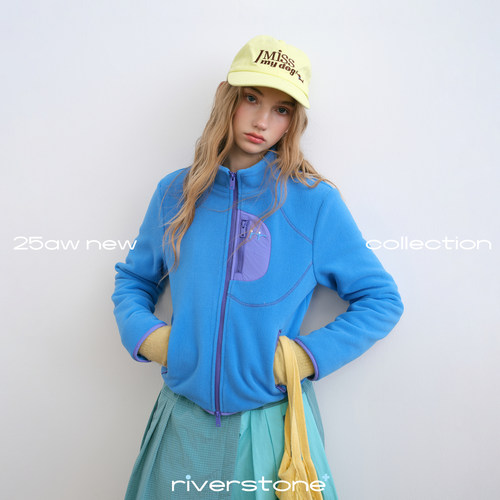 riverstone plus 摇粒绒短款修身外套女冬季立领保暖撞色口袋上衣