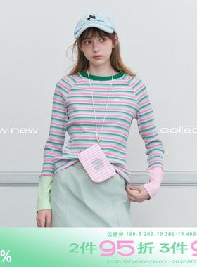 riverstone plus修身百搭彩色条纹长袖T恤女秋季圆领撞色针织上衣