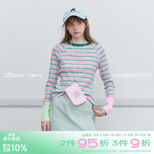 T恤女秋季 百搭彩色条纹长袖 圆领撞色针织上衣 plus修身 riverstone