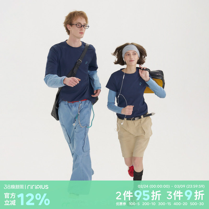 riri plus x rsm圆领假两件拼接条纹长袖T恤男女同款修身撞色上衣