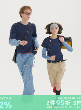 riri plus x rsm圆领假两件拼接条纹长袖T恤男女同款修身撞色上衣