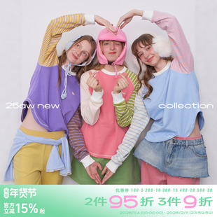 riverstone plus 拼接条纹刺绣圆领卫衣女春季插肩撞色套头上衣