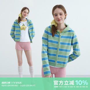 riverstone plus 针织横条纹连帽毛衣女开衫女慵懒感休闲拉链外套