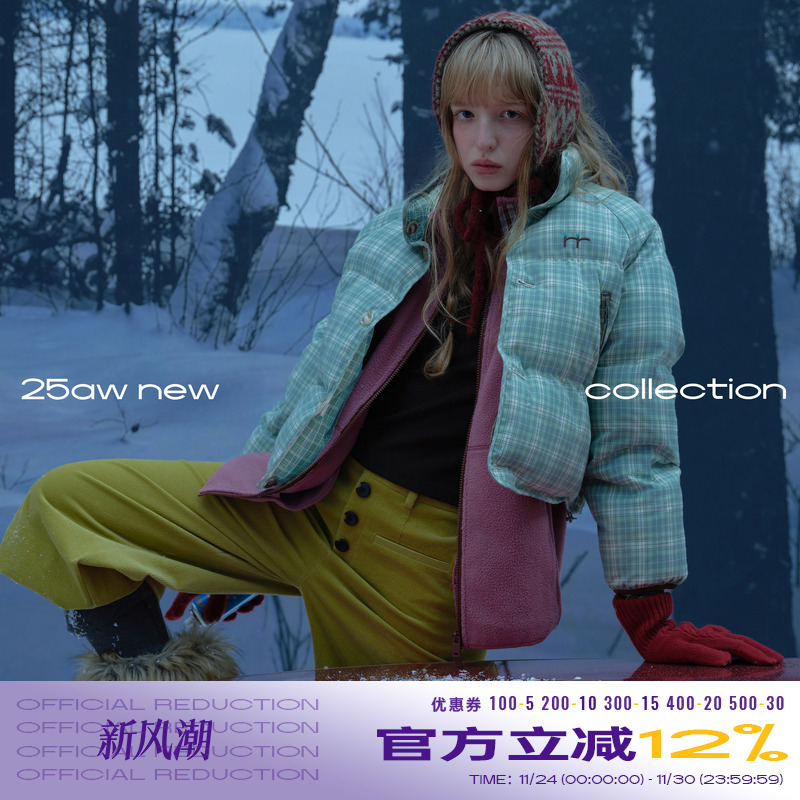 riverstone plus 复古格纹立领保暖棉服女冬季防风面包服棉袄外套