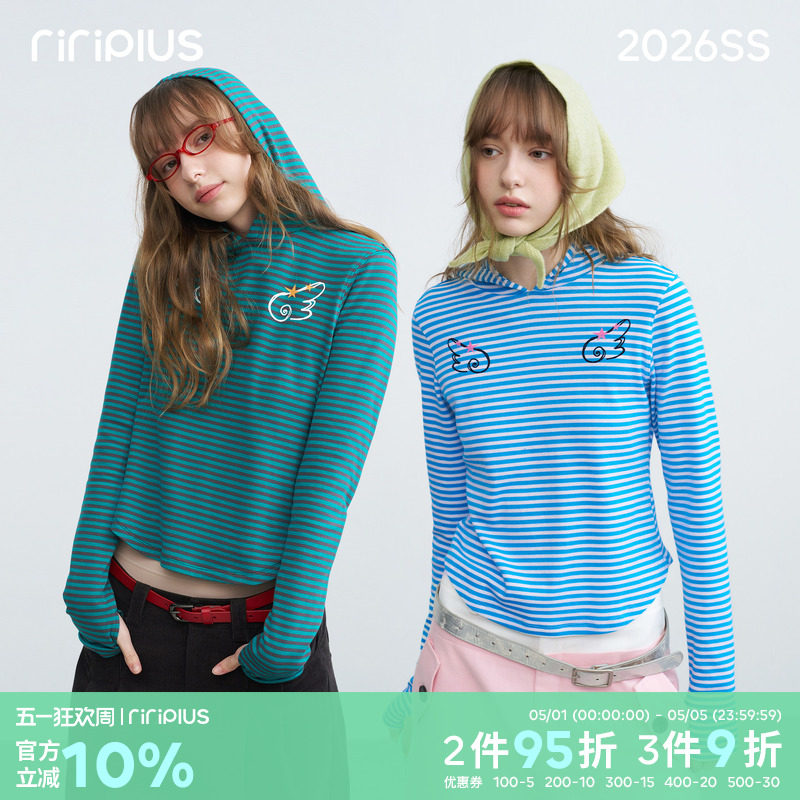 riverstone plus 连帽条纹对称翅膀印花薄卫衣女正肩修身长袖t恤