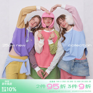 插肩撞色套头上衣 拼接条纹刺绣圆领卫衣女冬季 riverstone plus