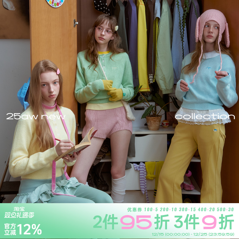 riverstone plus 糖果色圆领纽扣毛衣女慵懒感短款软糯针织衫上衣