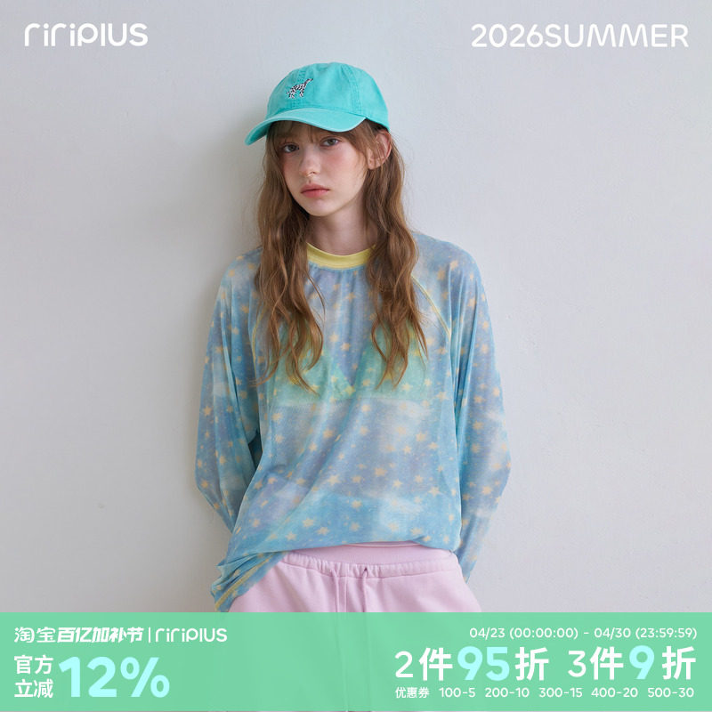 riverstone plus 星空比基尼插肩长袖罩衫T恤女修身甜美打底衫