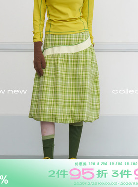 riverstone plus 柑橘蓬蓬格纹半身裙女秋季显瘦百搭A字中长裙