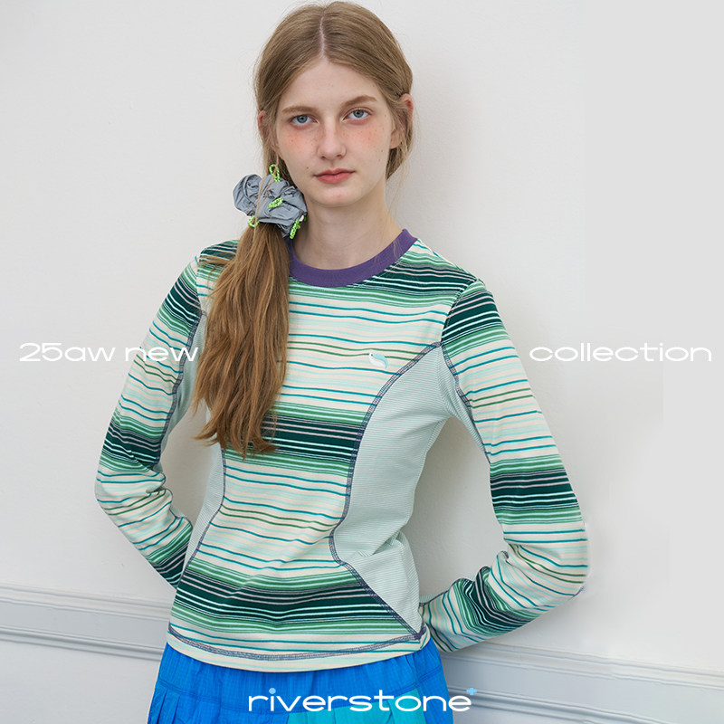 riverstone plus修身圆领长袖t恤女春季条纹拼接撞色正肩打底衫