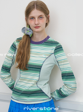 riverstone plus修身圆领长袖t恤女秋季条纹拼接撞色正肩打底衫